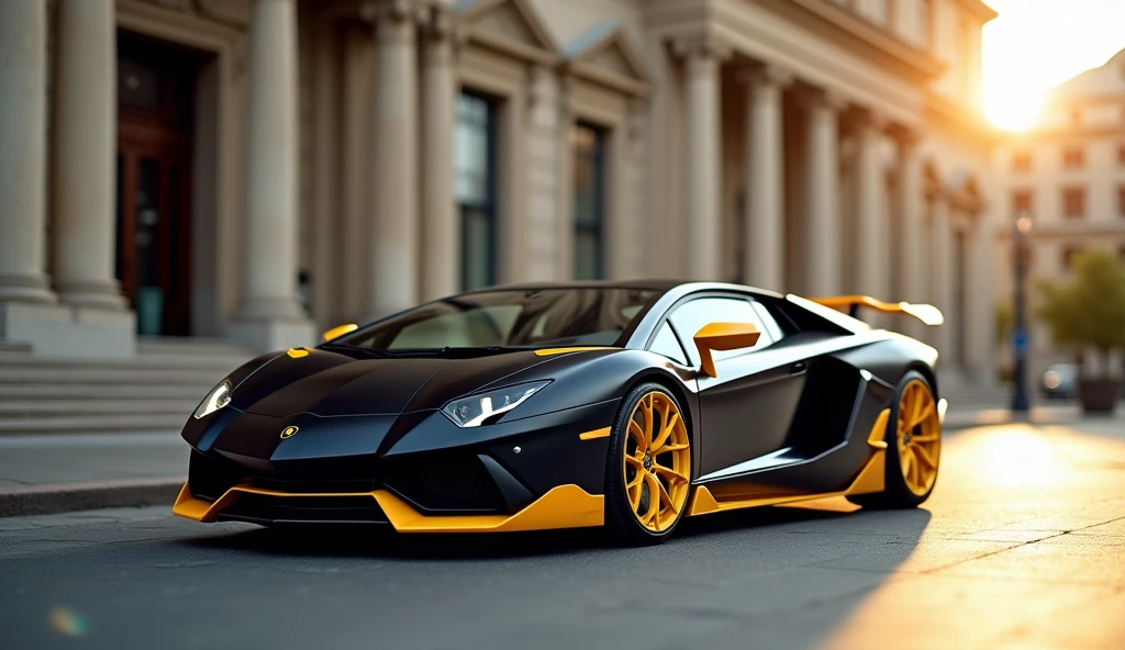 tilt shift photography, overhead shot of a black lamborghini with yellow linings parked in front of a building, afternoon, professional photography