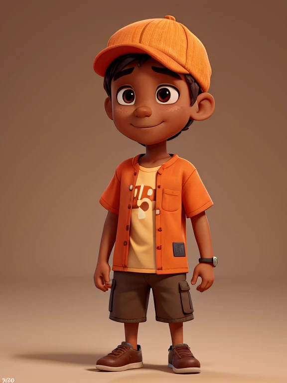 generate a short brown man with an orange cap and shirt with his thumb raised