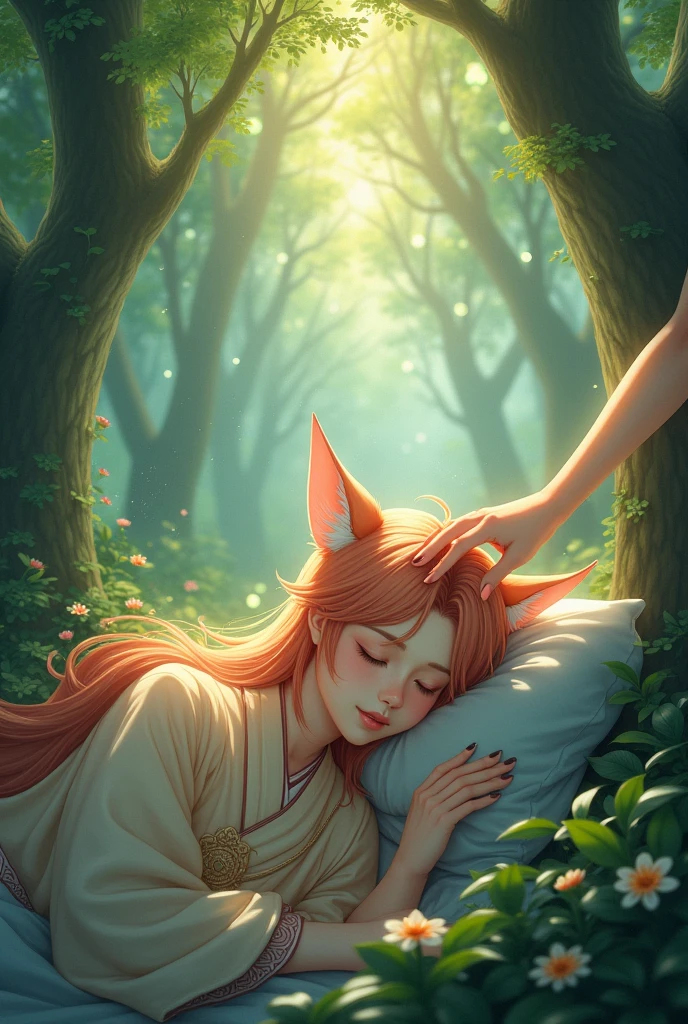 young guy with long peach colored hair with fox ears in Chinese clothes sleeps under the tree in magical forest someone's hand pats his head semi realism