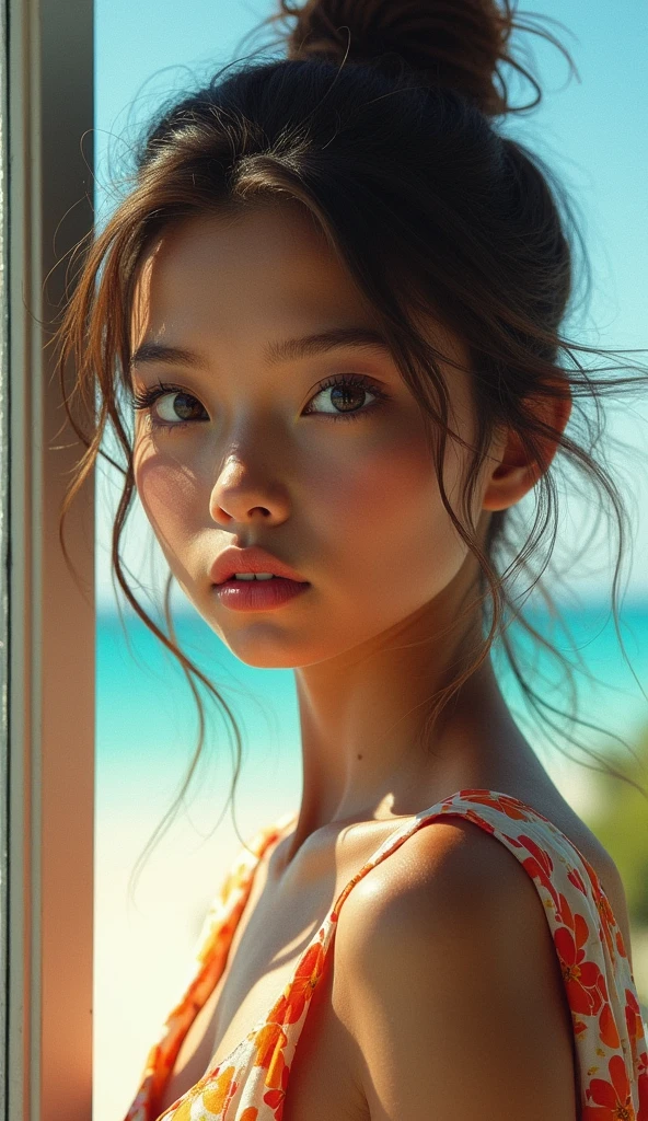 (Best Quality, 4K, 8K, High Resolution, Masterpiece: 1.2), (Super Detailed, Realistic, Photorealistic:1.37)A captivating young girl, donning a striking ensemble of red and blue, stands before a window with an air of toughness and determination. Her enchanting eyes are exquisitely detailed, capturing every glimmer and depth, while her lips boast a meticulous beauty that is both captivating and alluring. The level of detail extends to her entire face, each contour and feature meticulously rendered to perfection, creating a sense of hyper-realism that draws the viewer in. 

The girl's attire, reminiscent of oil painting art, is a work of art in itself. The fabric, skillfully crafted to resemble vibrant brushstrokes, adds a touch of dynamism to her overall appearance. It is a true reflection of the artist's talent, showcasing a mastery, (NSFW:1.5), Chignon hairstyle, beautiful nipples, 1 beautiful woman, photorealistic, ultra detailed, high resolution, 8K wallpaper, light brown hair, South Sea beach, sexy and bold swimsuit, cute big ass, sharp focus, perfect dynamic composition, realistic and finely drawn beautiful eyes, finely drawn hair, fine and realistic skin texture, smiling, close-up portrait, model body shape, (Representative Works: 1.3), (8k, photorealistic, raw photos, Highest image quality: 1.4), (30 years old mature woman),small face, beautiful face, (realistic face),no makeup、natural makeup、light makeup、 (Dark brown, short hair: 1.3), beautiful hairstyle, realistic eyes, beautiful detailed eyes, (Photorealistic skin), beautiful skin, (sweater),、Bust B Cup、 disorganized, Charm, 超High definition, Super realistic, High definition, golden ratio, FF Tifa、,sunny day beach background,