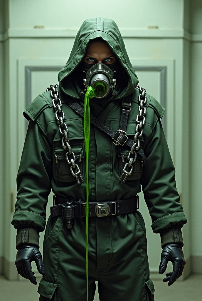 Images of a fantasy character with adrenaline, bound in chains and a muzzle, wearing hoses and green liquid, dressed as a soldier 