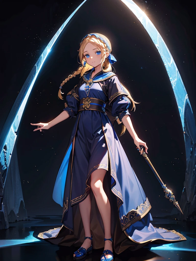 Black background with spotlight, fantasy class,saint, One person,holy, braided blonde hair,Medium Hair, blue eyes, Blue Earrings, 白いholyドレス,long heavy dress, (saint holy hin:0.8), Cowboy Shot,Looking_in_Audience