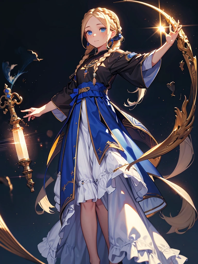 Black background with spotlight, fantasy class,saint, One person,holy, braided blonde hair,Medium Hair, blue eyes, Blue Earrings, 白いholyドレス,long heavy dress, (saint holy hin:0.8), Cowboy Shot,Looking_in_Audience