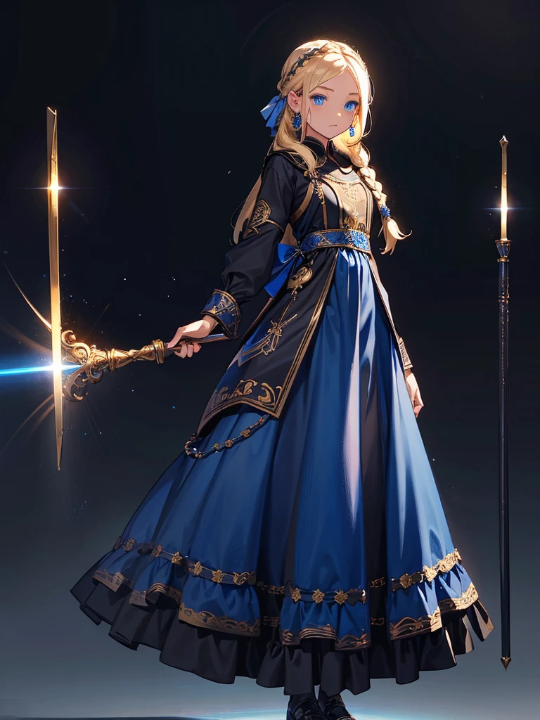 Black background with spotlight, fantasy class,saint, One person,holy, braided blonde hair,Medium Hair, blue eyes, Blue Earrings, 白いholyドレス,long heavy dress, (saint holy hin:0.8), Cowboy Shot,Looking_in_Audience