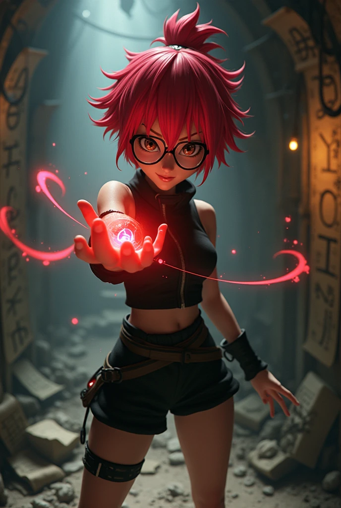 Create a 3D image of a female ninja inspired by Uzumaki Karin. She has bright red hair that is styled messily, with a pair of glasses perched on her nose, emphasizing her sharp, analytical gaze. Her expression is confident, with a hint of mischief, reflecting her intelligence and strong will. She wears a sleeveless, high-collared shirt, dark shorts, and sandals typical of ninja attire. Her hand is outstretched as if sensing or manipulating energy, with faint, glowing red chakra lines flowing around her. The background is a dimly lit, underground lair filled with ancient scrolls and mysterious symbols, giving a sense of her unique abilities.