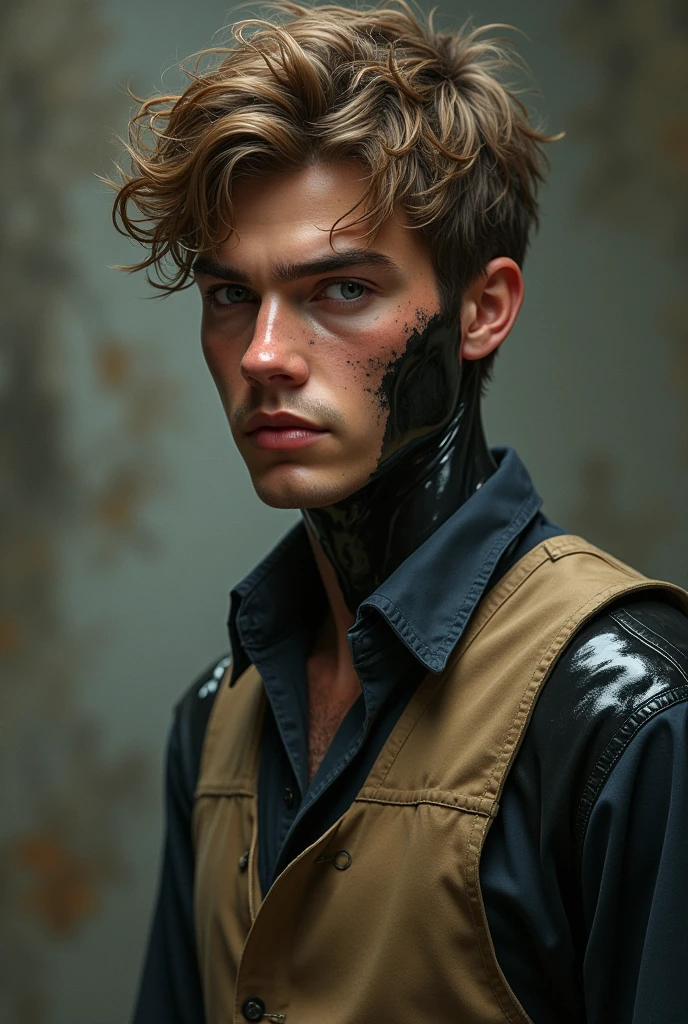 Make a young man 23 years old, that has short and disheveled hair , light brown, clothing will be a peasant style uniform that has only one completely black arm, as if it were a black liquid