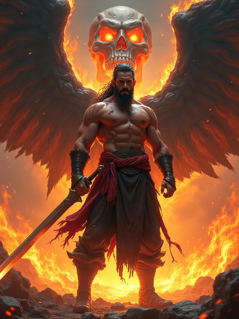 Depict a powerful, battle-hardened warrior with an imposing presence, standing in the heart of a raging inferno. The warrior is shirtless, revealing a chiseled, muscular torso glistening with sweat, and he holds a long, ancient sword in his right hand, the blade glowing with an ethereal light. His large, black wings are engulfed in flames, spreading wide behind him, as if they are born from the fire itself. The flames around him twist and turn, forming the haunting image of a colossal skull with blazing eyes, grinning ominously in the background.  The warrior's face is shadowed but determined, with a fierce gaze that pierces through the chaos. His dark pants and boots are tattered from countless battles, and a red sash tied around his waist flutters in the fiery winds. The environment is ablaze with vibrant oranges, reds, and yellows, casting an intense, fiery glow that contrasts against the dark, ominous sky. The scene is both awe-inspiring and terrifying, capturing a moment of ultimate power and defiance in a fantastical, apocalyptic world