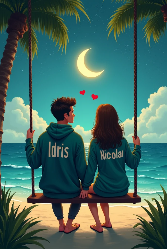 There are 20 Year old couple sitting if front on a swing in the Dubai beach beautiful greenery view, wearing a black and white hoodie, boy with name "Idris" write on it,girl with name "Nicolas" write on it lovely couple, sitting on a moon, heart emoji, holding hands in the moonlight realistic art painting