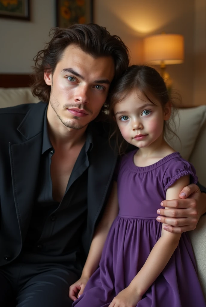 Harry Styles with his ager daughter sitting in the living room for a photoshoot. He wears a black suit and his daughter wears a beautiful purple dress. His daughter has black hair, blue Eyes and dimples smilelike him, pale white skin. She was er. His sitting and his hand places on her shoulder. Harry Styles look like 20s face but actually his already 30s older. His daughter look like a baby face and innocent face
