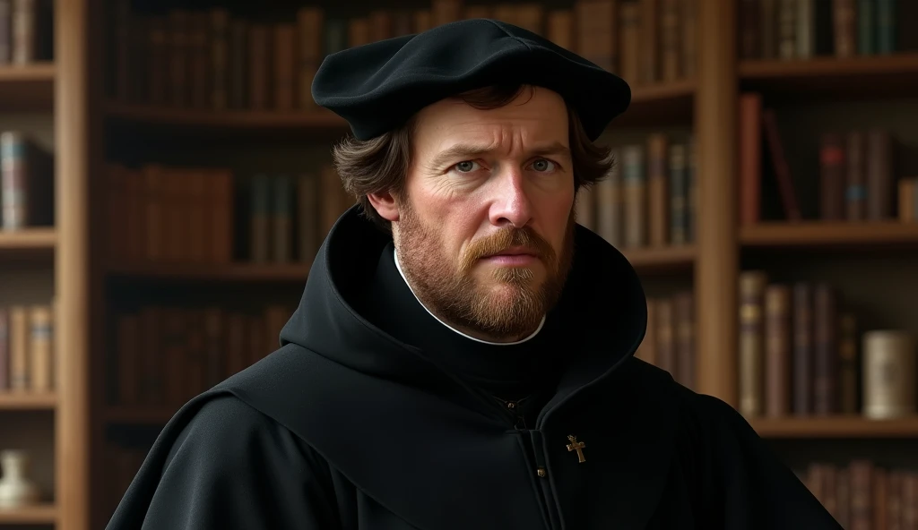 Portrait of Martin Luther with an appearance true to his time. He is dressed in a heavy black cloak and a period hat, 16th-century characteristics. His hair is short and his face features a well-trimmed beard. Luther should have an expression of firmness and introspection, reflecting his influence as a reformer. The background can be an office environment or a study room of the time, with books and historical documents around him. The lighting should highlight his face and clothing, capturing the seriousness and importance of his historical figure."


