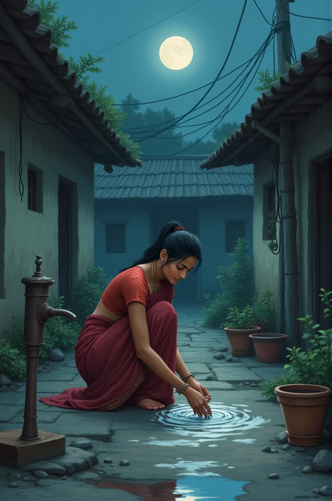 Vishaka in the Courtyard:** A young woman named Vishaka is in a simple rural courtyard. She is washing utensils, her hands submerged in soapy water. The courtyard is modest, with a few potted plants, a hand pump, and a rustic charm. Moonlight gently highlights her figure, giving the scene a tranquil and serene atmosphere.