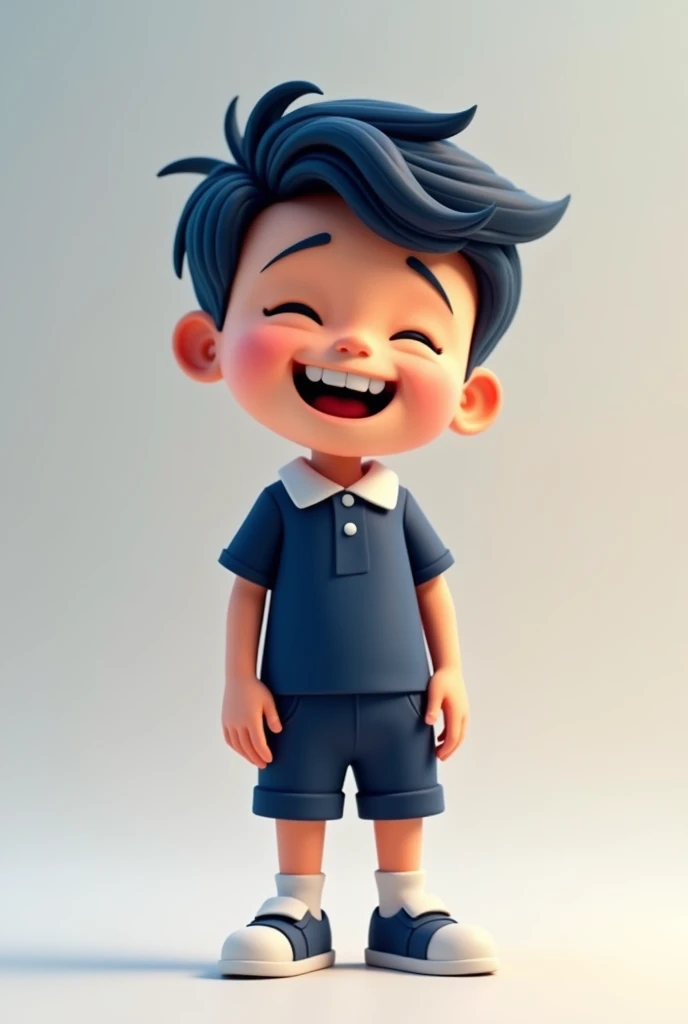 A cartoon boy in a dark blue short-sleeved school uniform and dark blue shorts is laughing. 3D, facing forward.