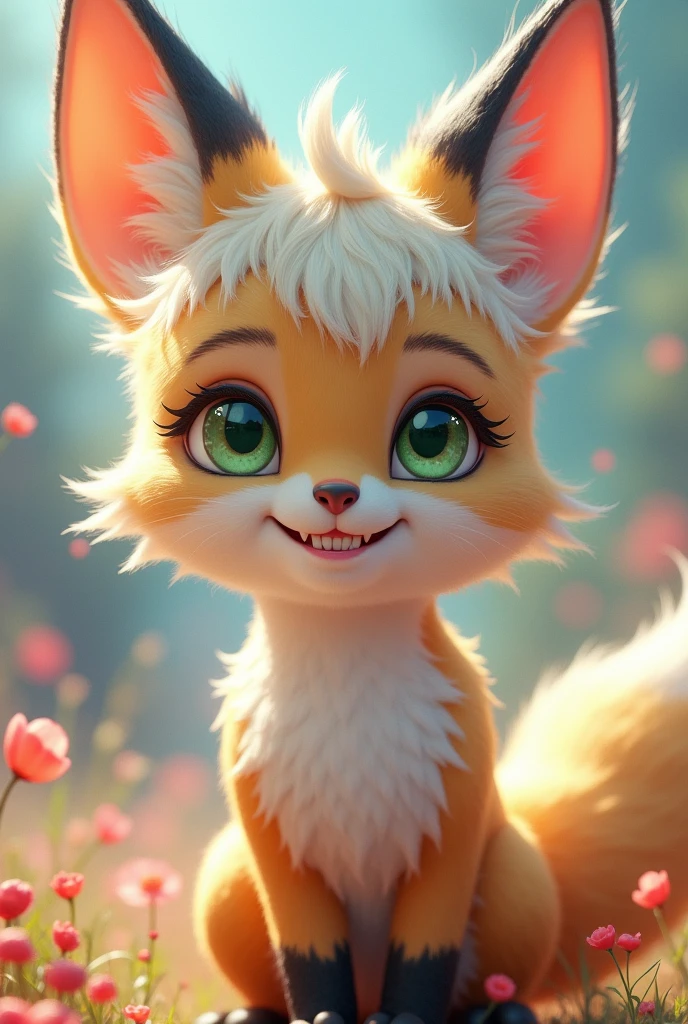 Chico, high, with fox ears and tail, his hair is white with black tips on his ears, his eyes are pastel green, smiling and showing his cute fangs