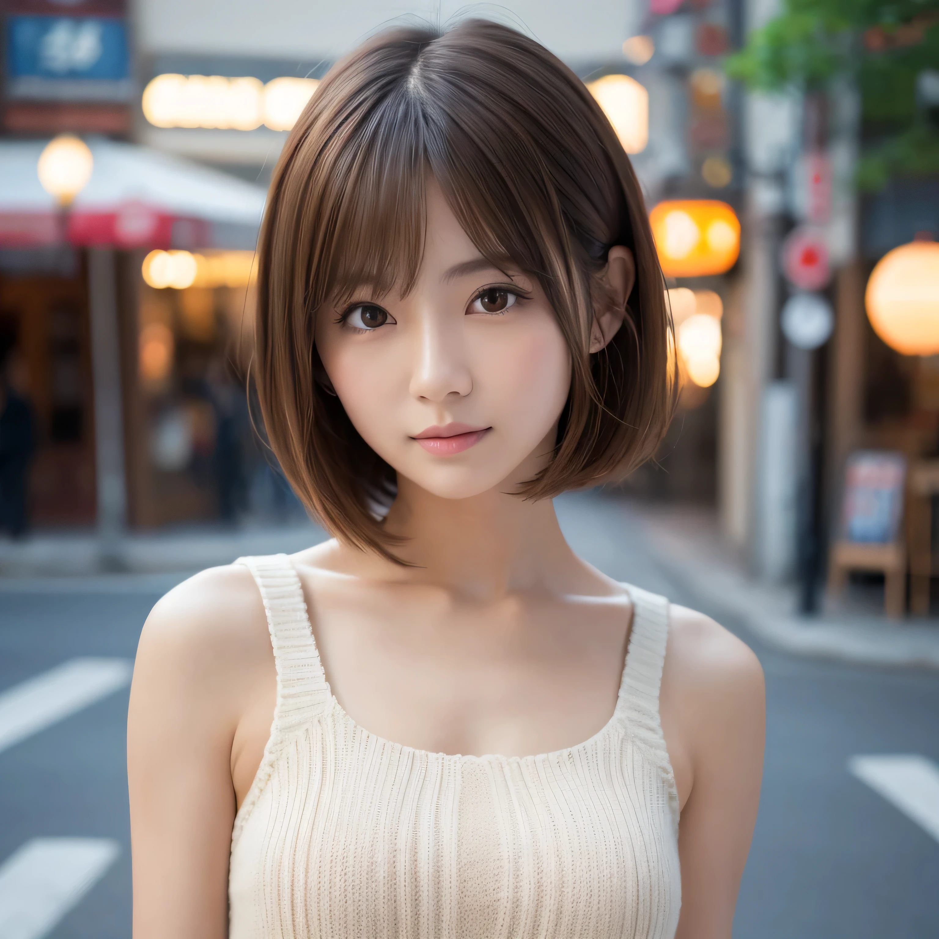 masterpiece, 1 beautiful girl, detailed eye, puffy eyes, top-quality, ultra high resolution, (8K), (reality:1.4), daytime, at street, cinematic lighting, asian beauty, super beauty, beautiful skin, body facing forward, (hyper-realistic), (highly detailed), (beautifully detailed eyes), detailed face, bright lighting, professional lighting, looking at viewer, facing straight ahead, cream knitted dress, light brown hair, bangs, short bob hair, Japanese idol, Korean idol, gravure idol pose, (accurate anatomy:1.1),