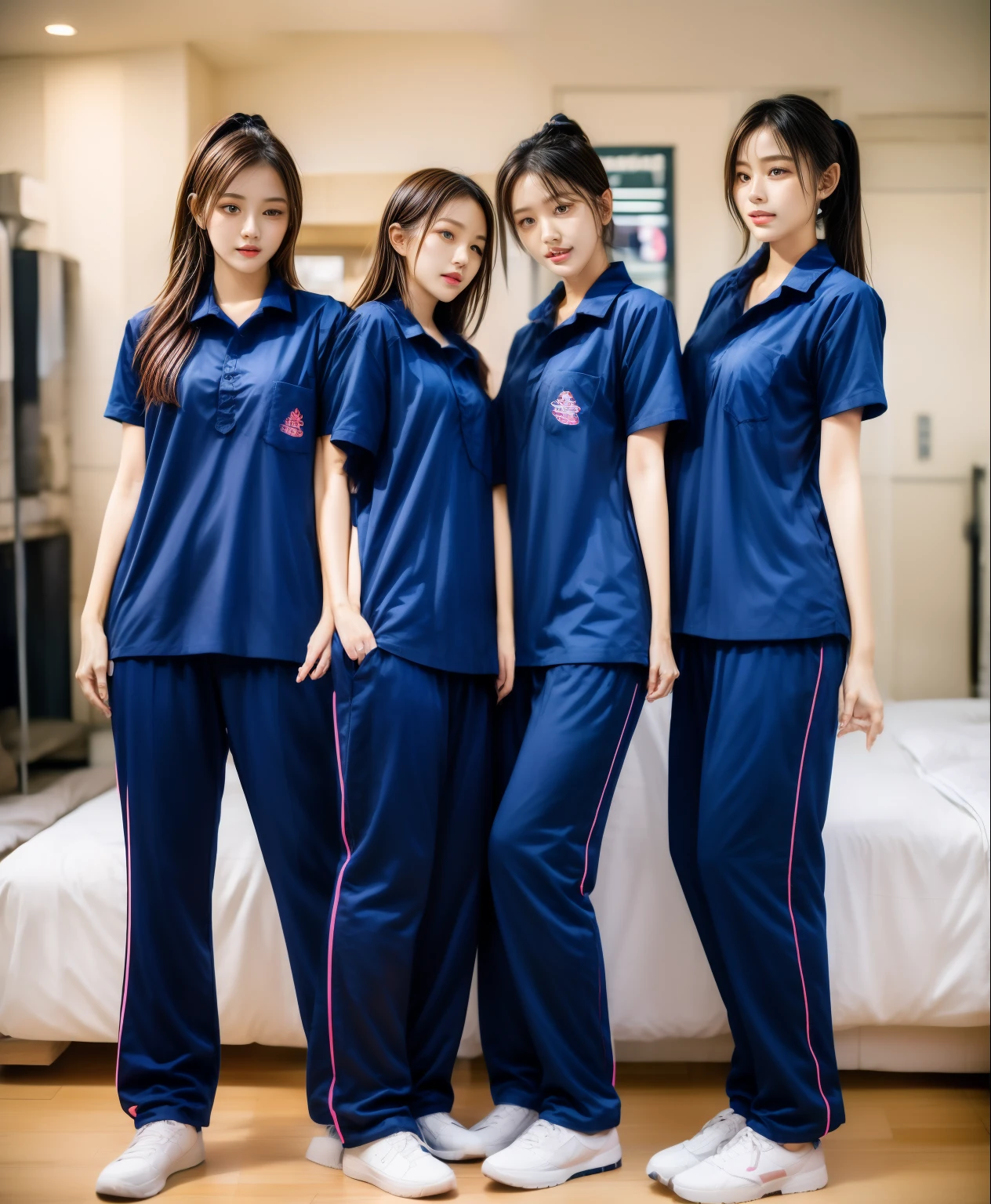 3 girls sleep on bed, Navy blue short-sleeved shirt,Navy Long Trackpant,Sweatpants, Sweatpantsขายาว,25 year old girl, lesbian, sexy, exercise clothes, wet body, exercise clothes
