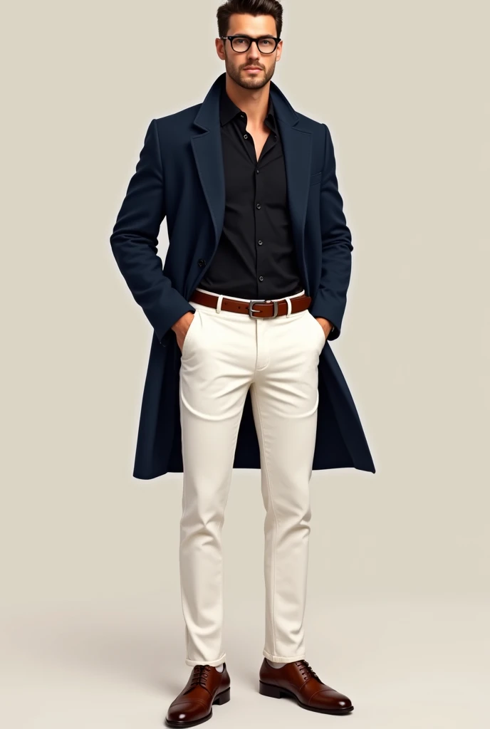 A guy wearing white pant and black shirt and navy blue coat and brown shoes and belt