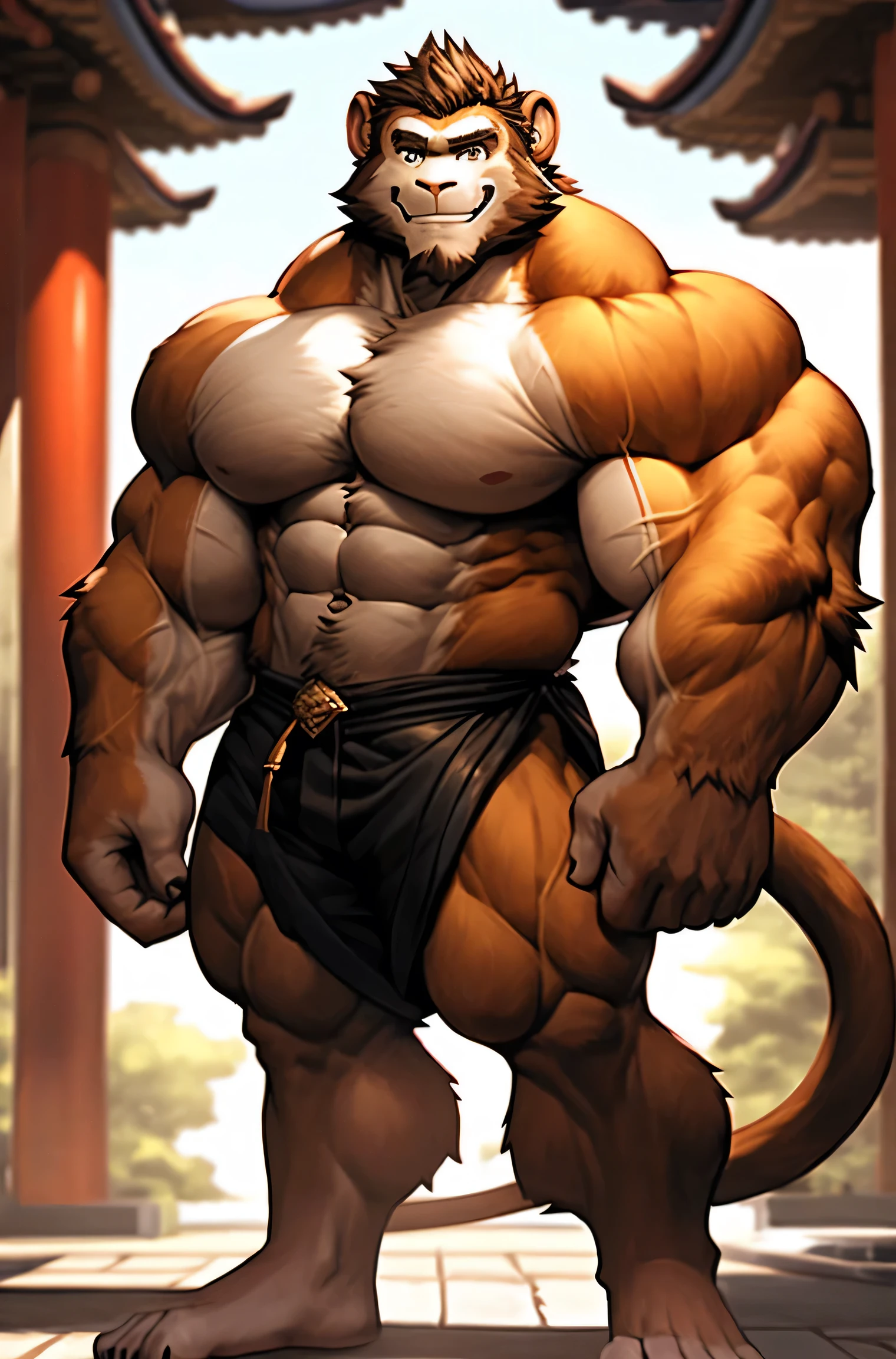 Monkey, Chinese zodiac. Male. Monkey. Furry, Monkey antro), standing, alone, nj5furry, (Monkey, huge, huge, young face, ager, bodybuilder body), Monkey, ((extremely realistic shadows, masterpiece, extremely detailed, photorealistic)), kemono, young, teen, massive body, ((really big muscle, massive muscular, sixpack, thick arms, wide pectoral, super huge muscle, hyper muscular, over sized muscle, huge arms, big arms, huge pectoral)), , firm back, solid back, round buttocks, firm and well-formed buttocks, back, broad shoulders, standing on the back, firm buttocks, round buttocks, well-formed buttocks, solid and very muscular back, Monkey, tail, ((detailed face)) nose, brown eyes, ((detailed eyes)), smile, mischievous smile, mischievous expression, white teeth, mouth slightly open, red tongue, skin, fur, hair, mane, sexy, height 3 meters high , optimal height, body full of muscles, bulging pectorals, bulging abs, Shaolin monk, Shaolin clothes, Buddha temple, huge and defined abs, V-shaped body, thick waist, long legs, strong arms, manly, attractive face, type of attractive, fresh and calm face with a cold smile. bodybuilder body, topless, huge muscular thighs, bulging biceps, looking at viewer. Unique light source, Sharp shadows, Unique portrait.