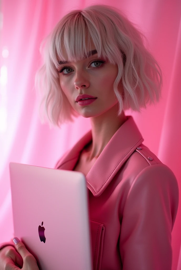 close-up of a woman, holding a laptop in front of a pink background, Anna Nikonova, aka Newmilky, Ava Max, Portrait of Kim Petras, Photo of the model, light gray hair, pink atmosphere, dasha taran, Fushiy leather