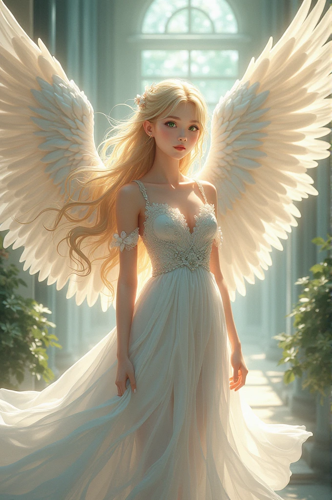 Anja, a blonde with green eyes, divine, wonderful, With big white wings, Amazing dress, 
korean face, anime styling