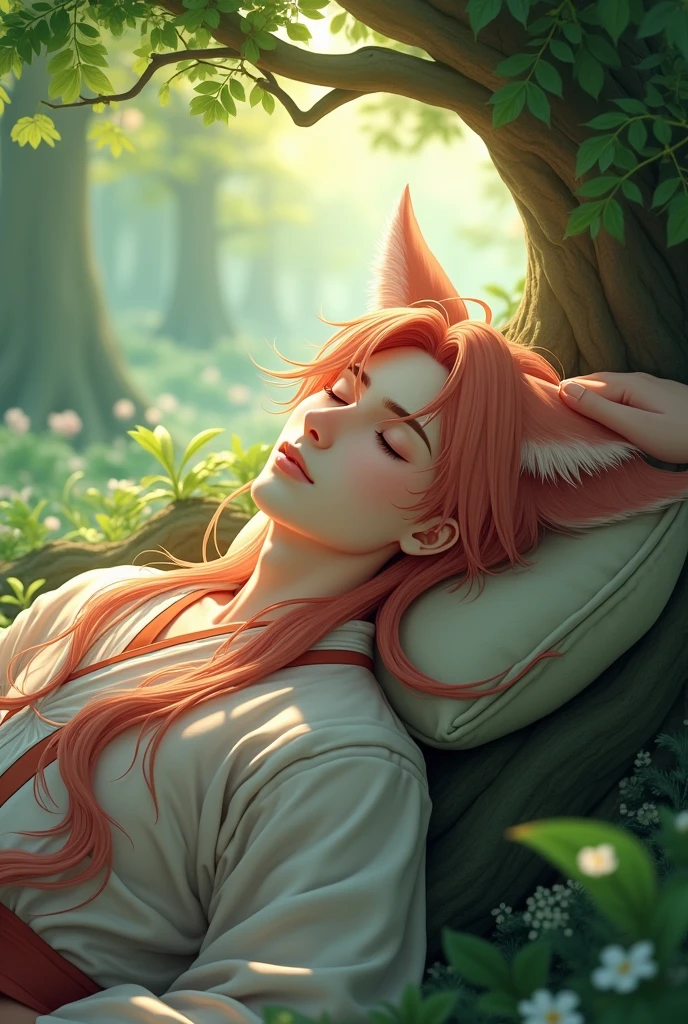 young guy with long peach colored hair with fox ears in Chinese clothes sleeps under the tree in magical forest someone's hand pats his head realism