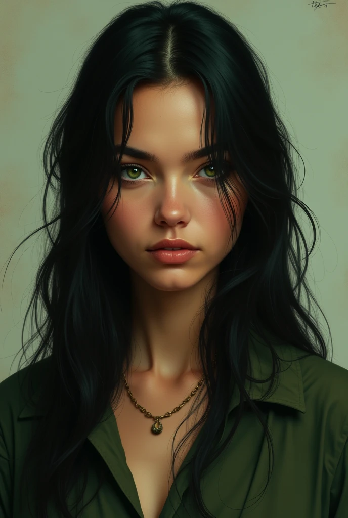 30 year old girl, Her long hair is black and her eyes are green., Her skin is brown, square face, His expression is serious and cold, His clothes are in shades of green and brown. front view