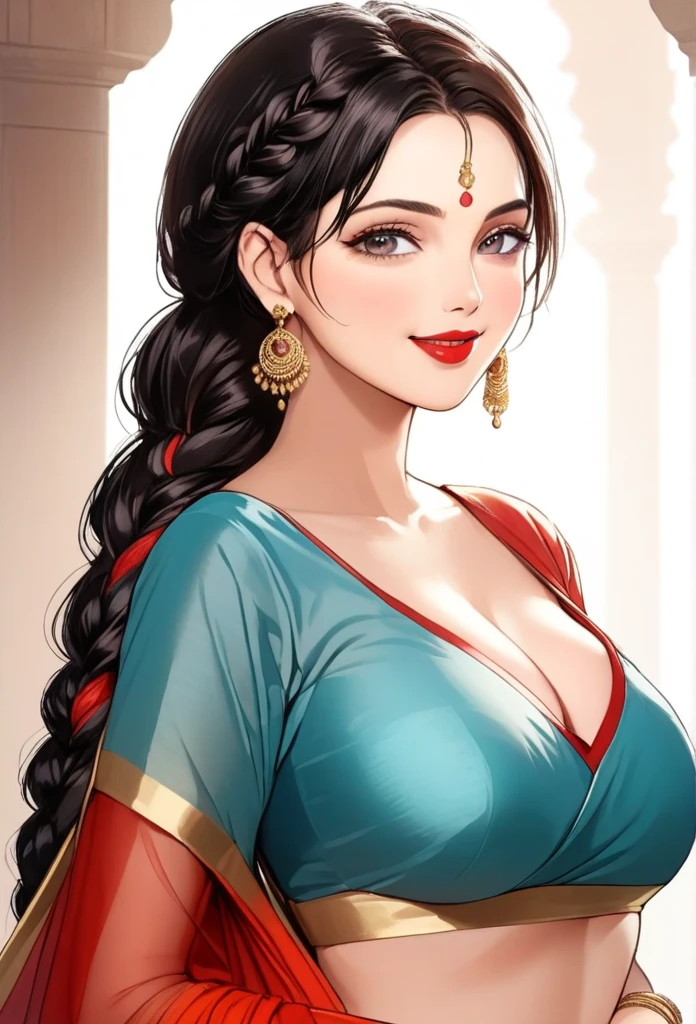 ((1woman, mature,single hair braid,saree, big long  jhumka earrings , detailed alluring eyes, smooth detailed lips, beautiful face, smiling ,red lipstick ,navel,bangles,blue ribbon, sagging breasts 