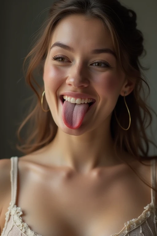 One person, Gaze, Blushing, Open your mouth, Large Breasts, Sticking out tongue, Chest girth, earphone,