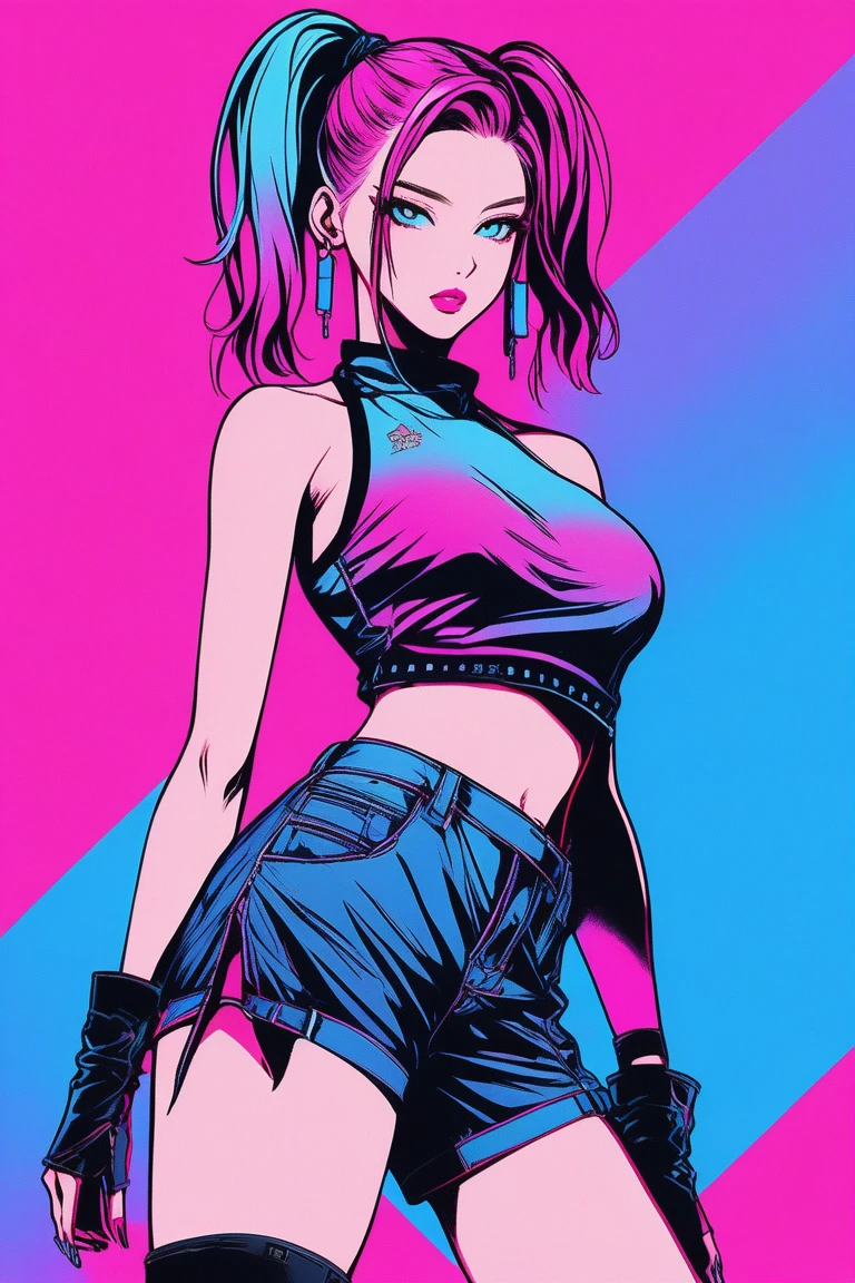 (masterpiece,Highest quality), Illustrator, anime , Realistic ,sketch , 1 person, model, lip, A simple black sleeveless halter crop top and shorts, Thigh-high heeled boots, order, Blue and pink gradient background, Neon-colored ponytail, Big Breasts, Upper Body,, Sexy look, Sexy pose, Texture Trim, Russian, (masterpiece,Highest quality)