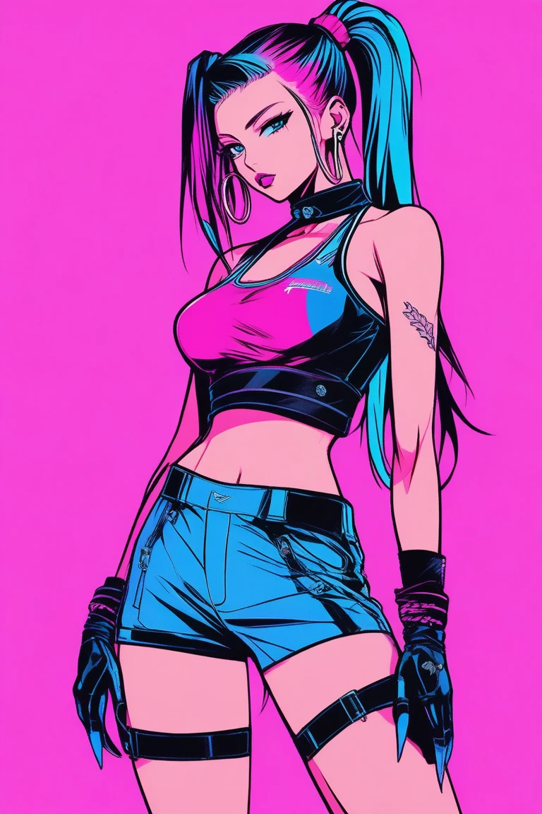 (masterpiece,Highest quality), Illustrator, anime , Realistic ,sketch , 1 person, model, lip, A simple black sleeveless halter crop top and shorts, Thigh-high heeled boots, order, Blue and pink gradient background, Neon-colored ponytail, Big Breasts, Upper Body,, Sexy look, Sexy pose, Texture Trim, Russian, (masterpiece,Highest quality)