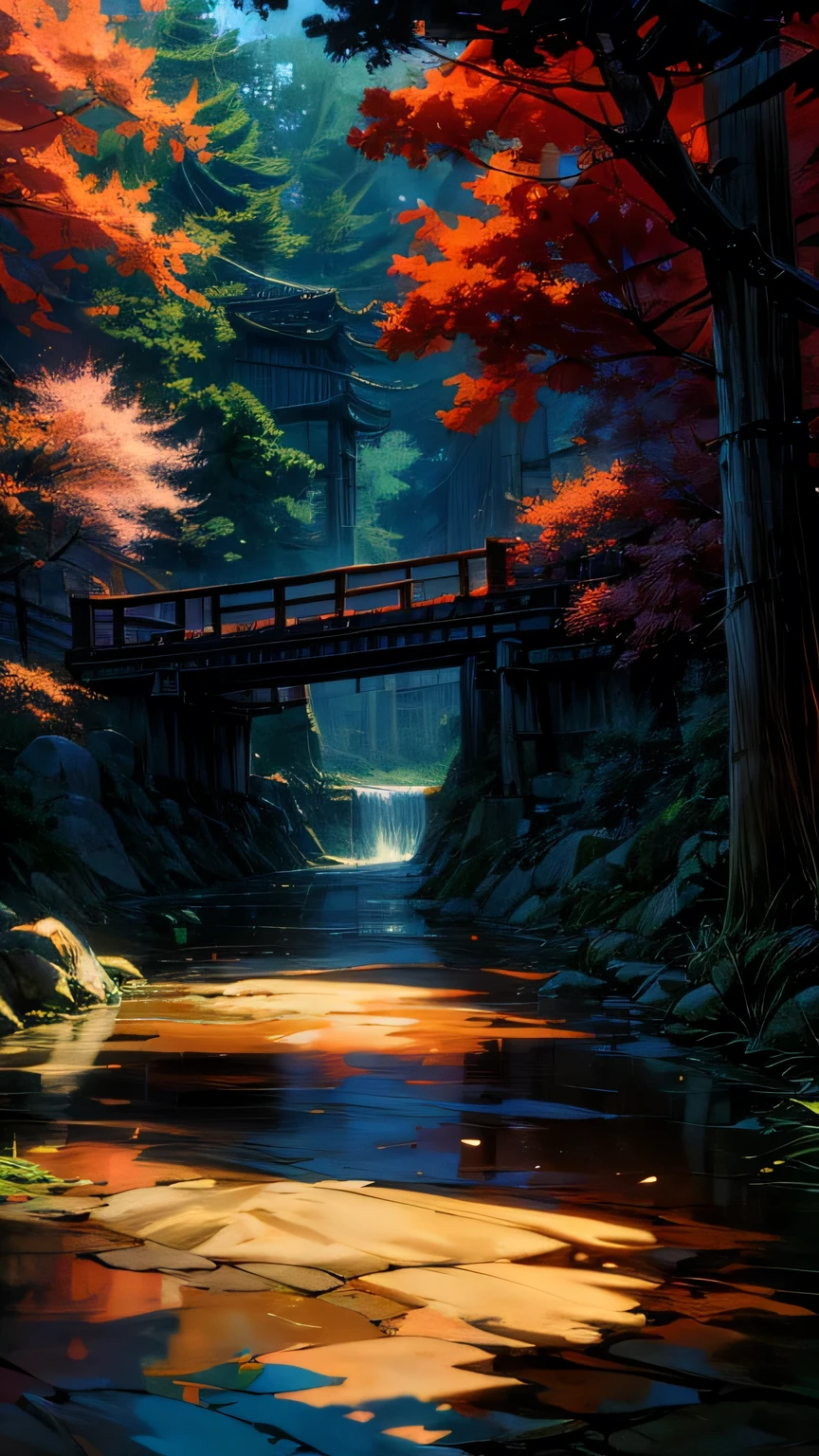 a Japan traditional art style illustration that captures the essence of a weathered red wooden bridge suspended over a meandering stream. Bathed in the warm, ethereal glow of the golden hour sunlight filtering through an abstract arrangement of stylized trees, the scene encapsulates a fusion of nostalgia and contemporary vibrancy.ar-- 16:9