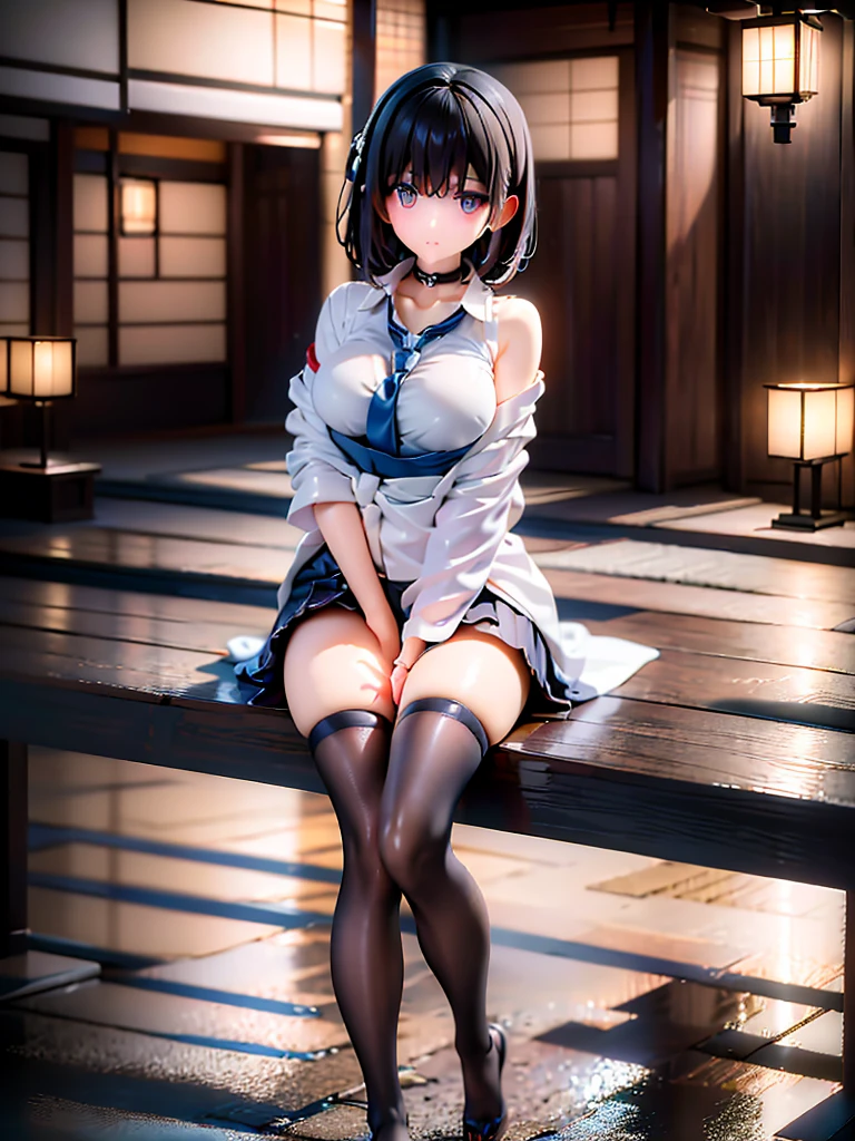 full body figure cover mouth with hand while laying down girl is beautiful japanese female and beautiful russian female mixed race only in the face age is 15 features of the whole body black hair medium straight bob cut hair style beautiful small face with short eyelashes boyish eyes only high nose dark blue pupils very thin upper lip milky white skin accurate attractive body shape beautiful bust waist hip s thighs knees legs choker and tie on neck wearing only a large size shirt with collar shy face kindly and slightly