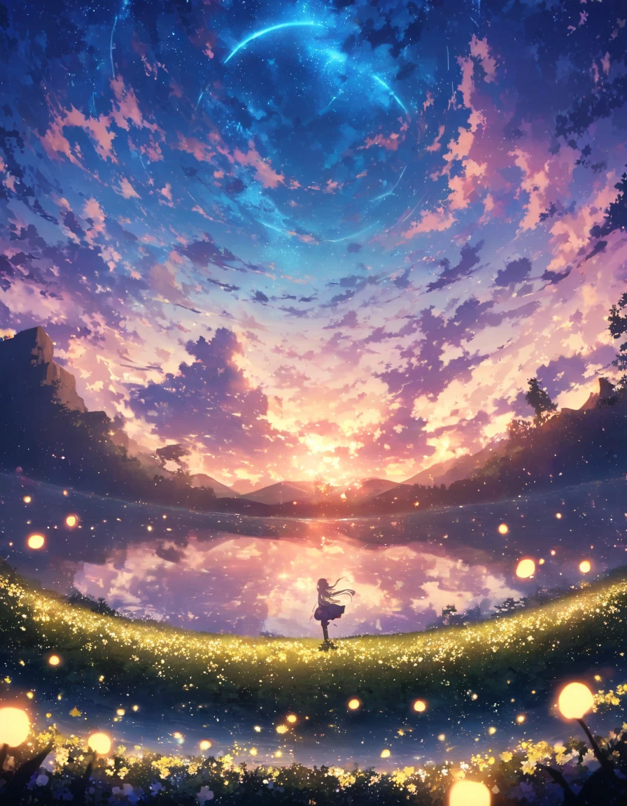 blue sky, White clouds floating in the distance, ((Sea of firefly flowers))、Firefly flowers bloom、Firefly flower field、(Many firefly flowers)、(((There is no one)))、 Vast landscape photography , (((Landscape only))), holding a fae wand、Fireflies are flying around. The background features cloud flowers of various sizes.., dream-like, 青い色調のdream-like雰囲気. High definition anime style, High resolution, Capturing the vastness of nature. Soft lighting creates a warm atmosphere.(Glowing lights, Atmospheric lighting), dream-like, Magic,horizon