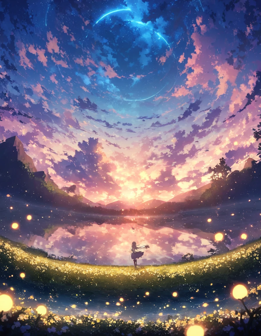 blue sky, White clouds floating in the distance, ((Sea of firefly flowers))、Firefly flowers bloom、Firefly flower field、(Many firefly flowers)、(((There is no one)))、 Vast landscape photography , (((Landscape only))), holding a fae wand、Fireflies are flying around. The background features cloud flowers of various sizes.., dream-like, 青い色調のdream-like雰囲気. High definition anime style, High resolution, Capturing the vastness of nature. Soft lighting creates a warm atmosphere.(Glowing lights, Atmospheric lighting), dream-like, Magic,horizon
