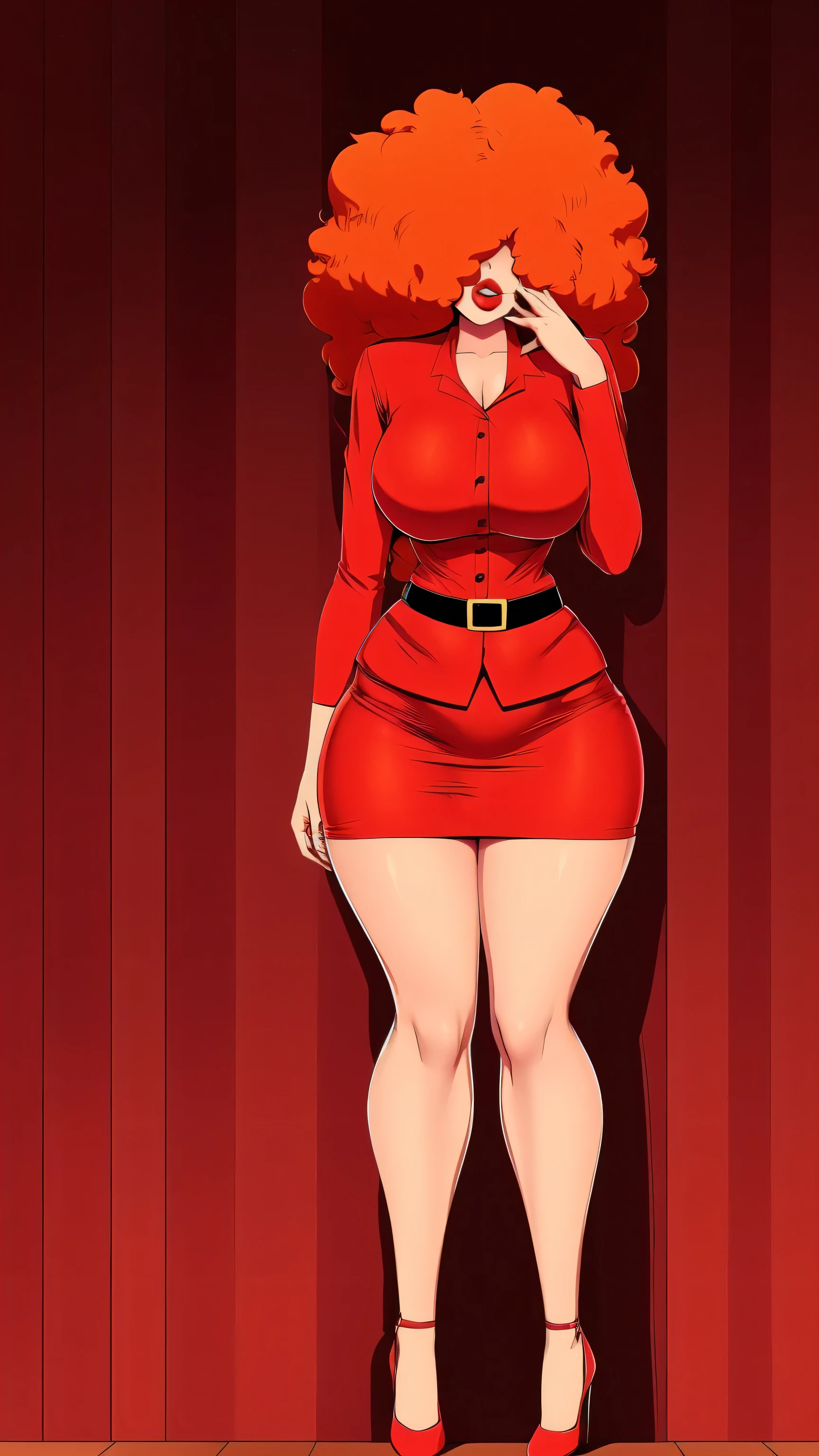 A tall, sexy, sensual, beautiful woman with large breasts, long, wavy, curly, fluffy orange hair, covers her face with red lips, wears a red button-down office shirt and a short red office skirt, and black heels. 