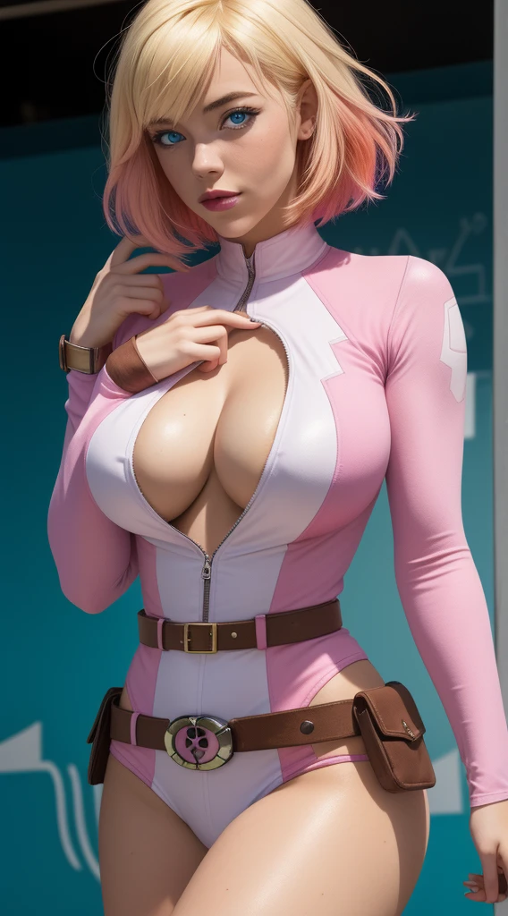 gwenpool, 1girl, blonde hair, multicolored hair, solo, blue eyes, short hair, gradient hair, belt, two-tone hair, pink hair, large breasts, a large boob hole