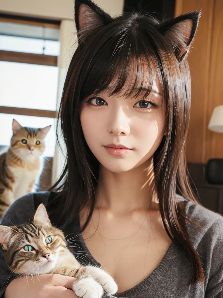 woman、Cat ear、Cat's Tail、Black cat、Black dress、Cat Pose