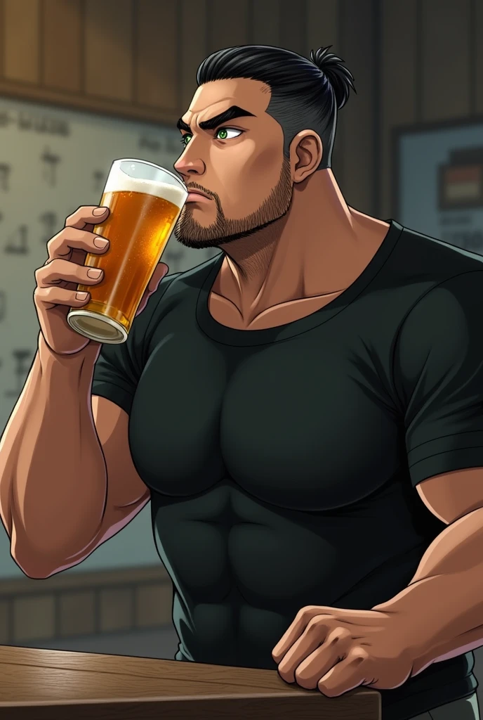burly man, Toji Fushiguro from Jujutsu Kaisen, drinking a beer, black short sleeve t-shirt , green eyes, black hair, scar on the left lip