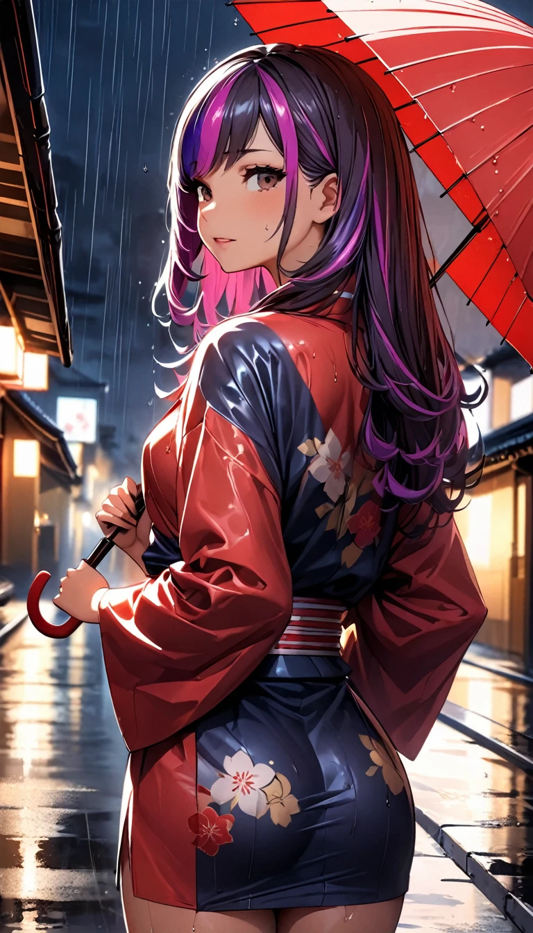 (highest quality:1.2, Very detailed, up to date, Vibrant, Ultra-high resolution, High Contrast, masterpiece:1.2, highest quality, Best aesthetics), Portraiture、girl、((25-years-old:1)), (holding up umbrella:1.6), traditional Japanese kimono, long sleeve, red kimono, loose fit, Bright colors、Beautiful fine details、Beautiful lip detail, long hair、black and purple ((streaked hair:1.6)), highlights hair: 1.5, brown eyes, ((slim body:1.4)), (small breast:0.7), (dark skin:0.5), rainy day, rain night, street in Kyoto, wet street, looking back, (cowboy shot),