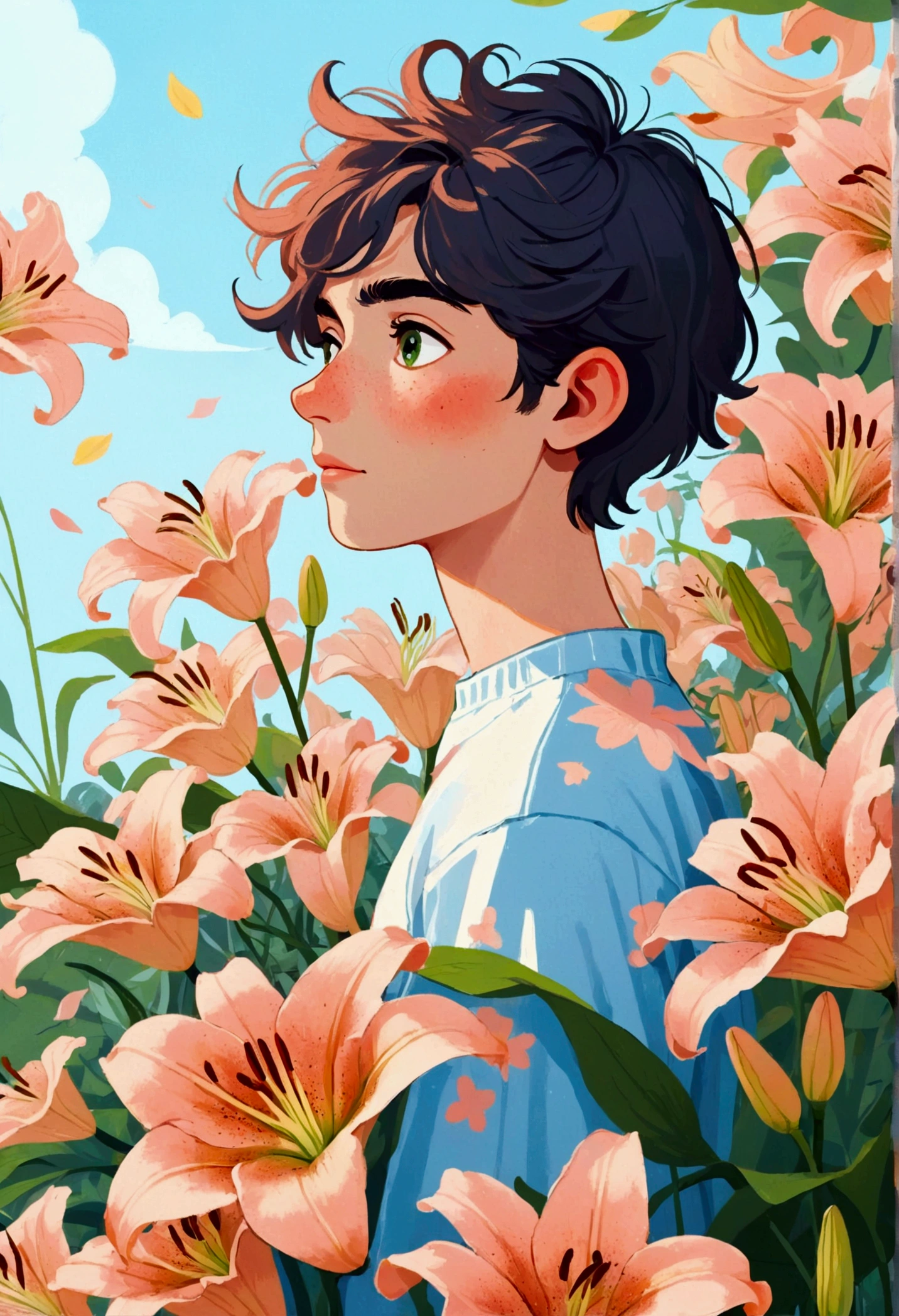 a portrait of Bicycle, the background is the petals of an oversized lily, with a men, The flower has green stamens and long leaves, creating a dreamy effect. In light pink and sky blue tones, this illustration features cartoon characters and vector graphics. It was created using digital painting in the style of artists such as award winning illustrators 