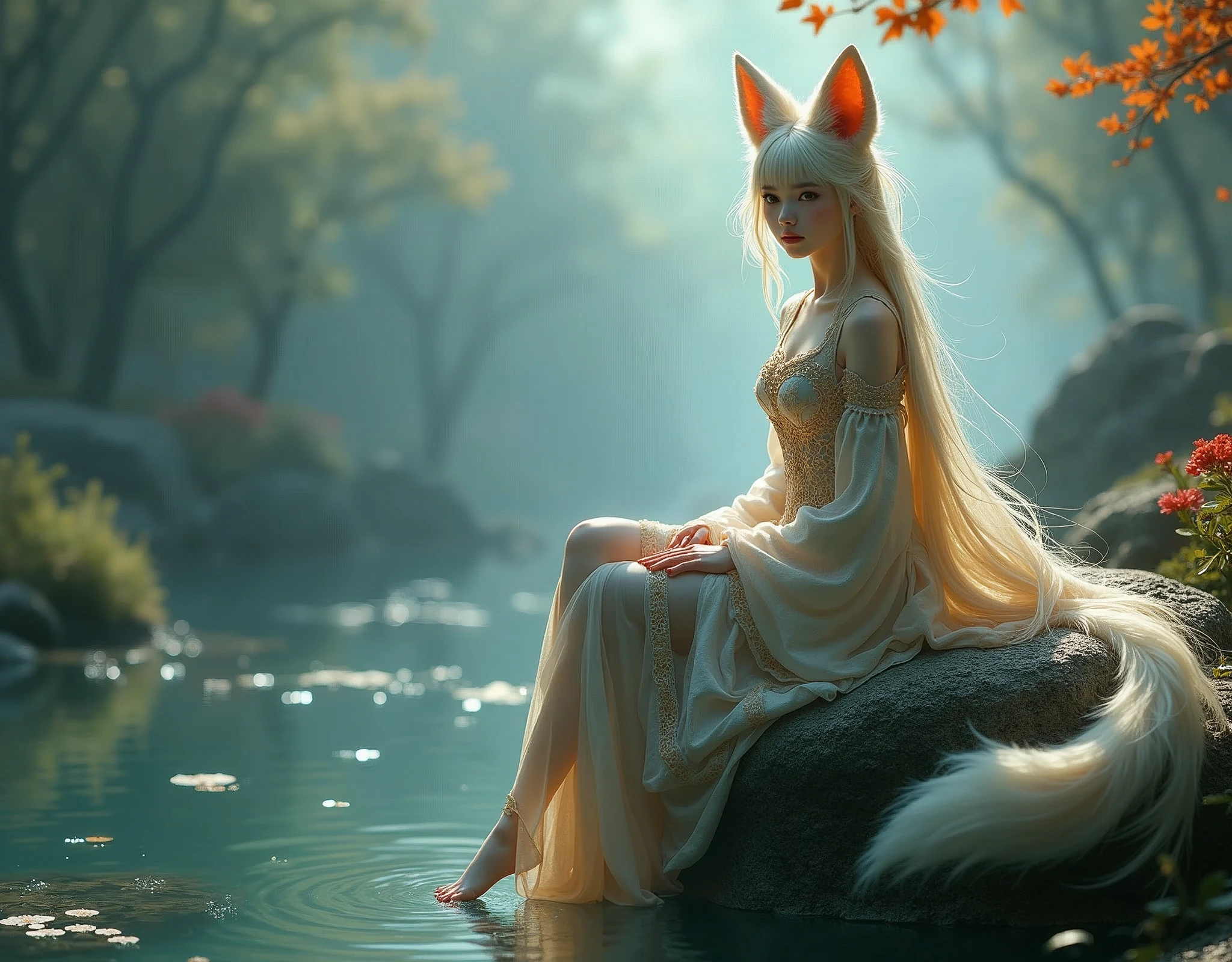 photo of a girl in a costume sitting on the rock behind the pond, mystery landscape, a beautiful fox lady, by Yang J, beautiful young catgirl, attractive Fox girl, very beautiful cute foxgirl, fantasy art style, artwork in the style of guweiz, by Fan Qi, a beautiful kitsune woman, guweiz, the style of wlop, trending on cgstation, realistic style, fantasy lighting,