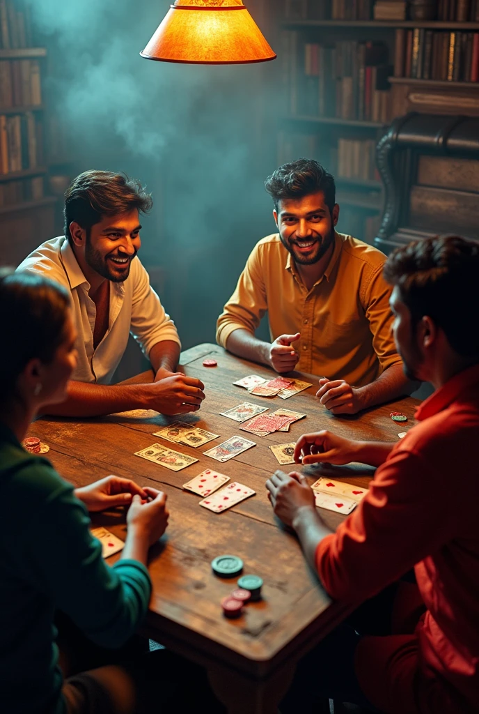 A slightly overhead shot,(best quality, high resolution, HDR, Practical), Bright colors, Extremely detailed description, (Concept Artist), Four young Indian men and women play a card game together,Dramatic visuals,They exchange glances,an antique Indian wooden table,Paper money coins chips,vintage poker coins, Smoky room, Dim Lights, Happy expression, Happy smile,(portrait:1.1) ,