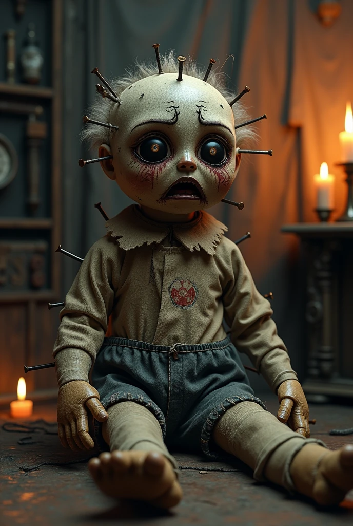 Living human voodoo rag doll with nails on body
