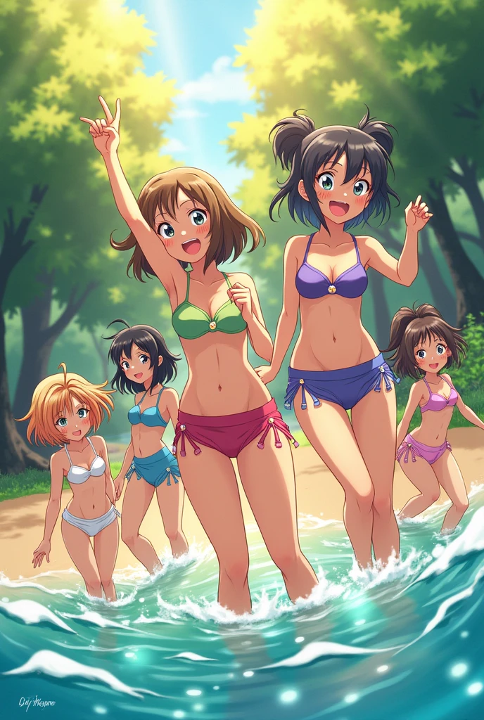 Anime-style characters playing in swimsuits