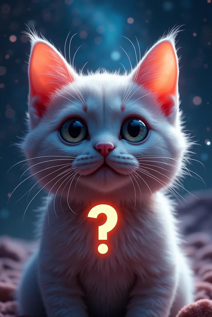 Close-up of a cat face, outer space in the background (stars and galaxies shining beautifully), space cat, large "!?" on the screen is written in large letters on the screen,