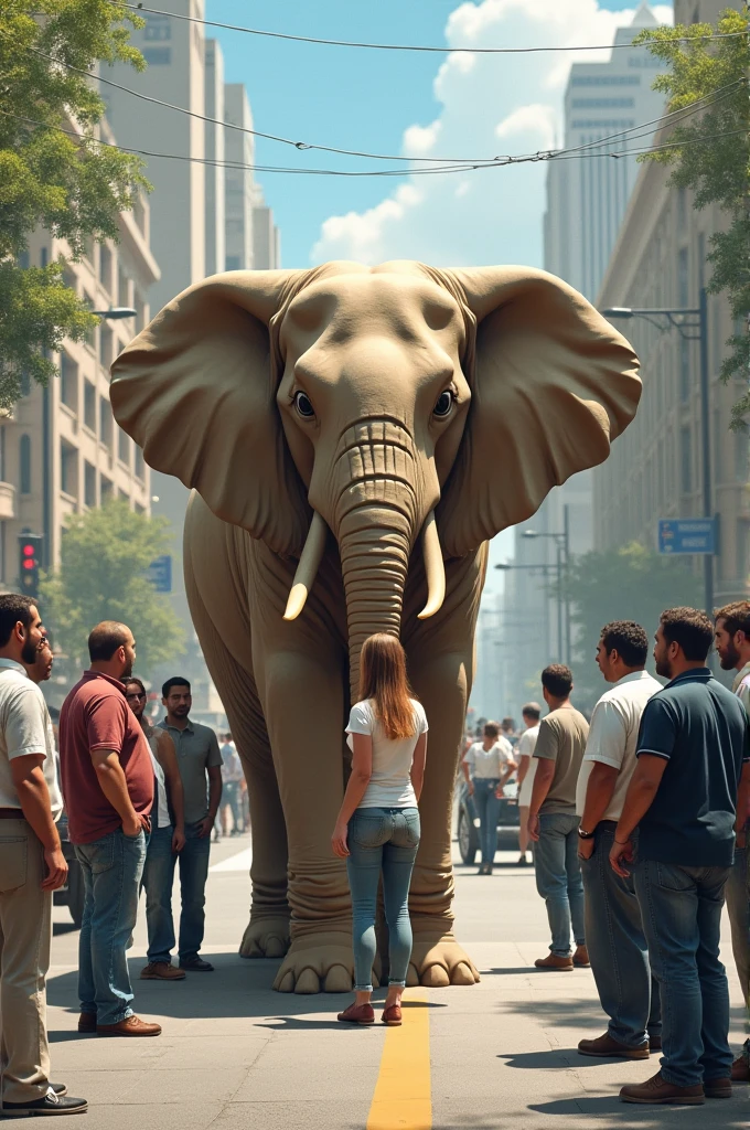 A woman is making a big elephant in the middle of the road and there are men standing there