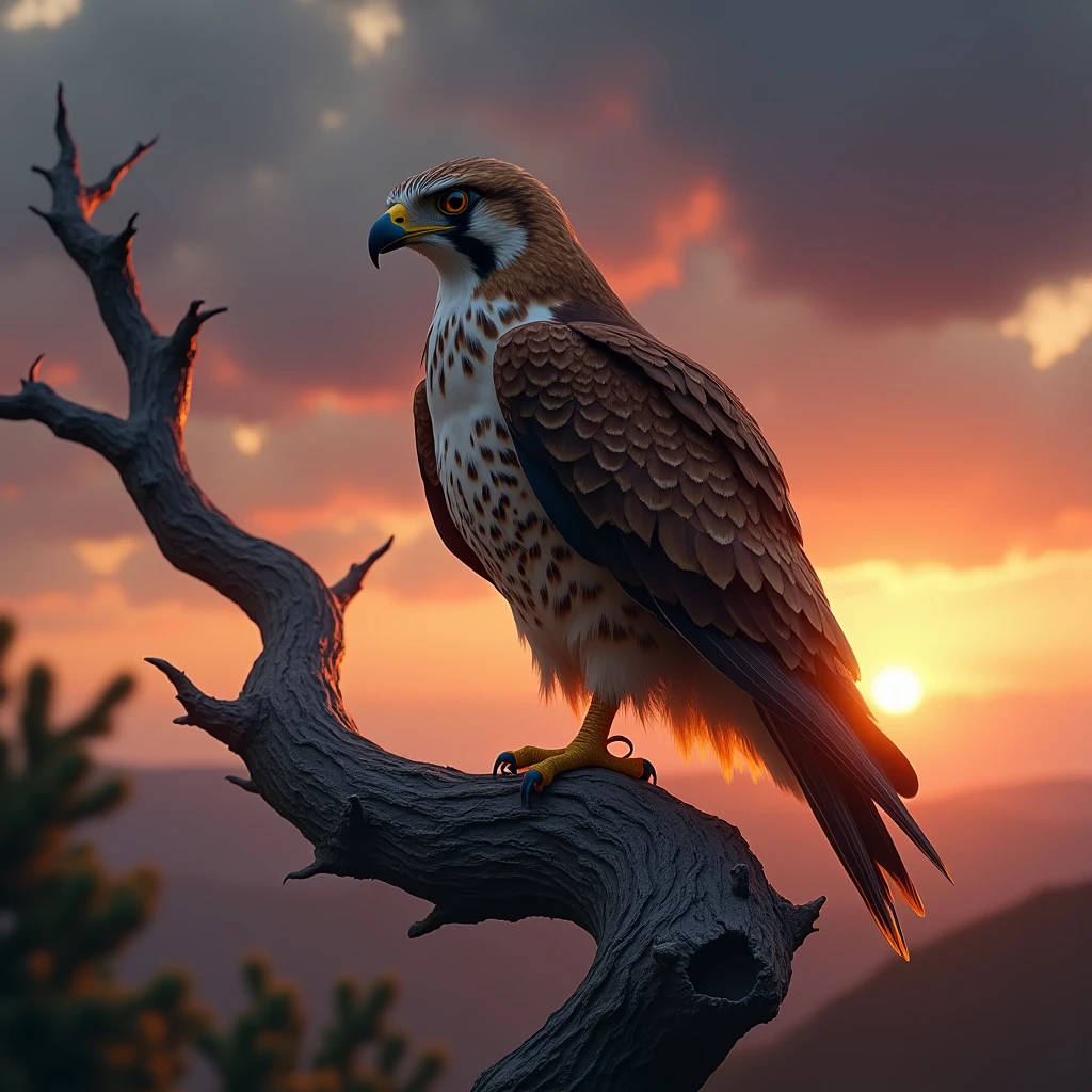 Illustrate a falcon perched on a gnarled tree branch during sunset, with its sharp eyes scanning the horizon. The lighting should enhance the bird's feathers and keen gaze.