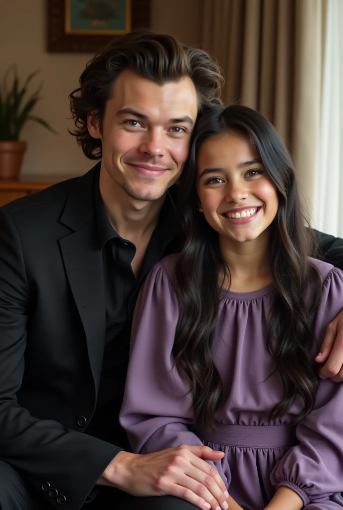 Harry Styles with his teenager daughter sitting in the living room for a photoshoot. He wears a black suit and his daughter wears a beautiful purple dress. His daughter has black hair, blue Eyes and dimples smilelike him, pale white skin. She was er. His sitting and his hand places on her shoulder. Harry Styles look like 20s face but actually his already 30s older. 