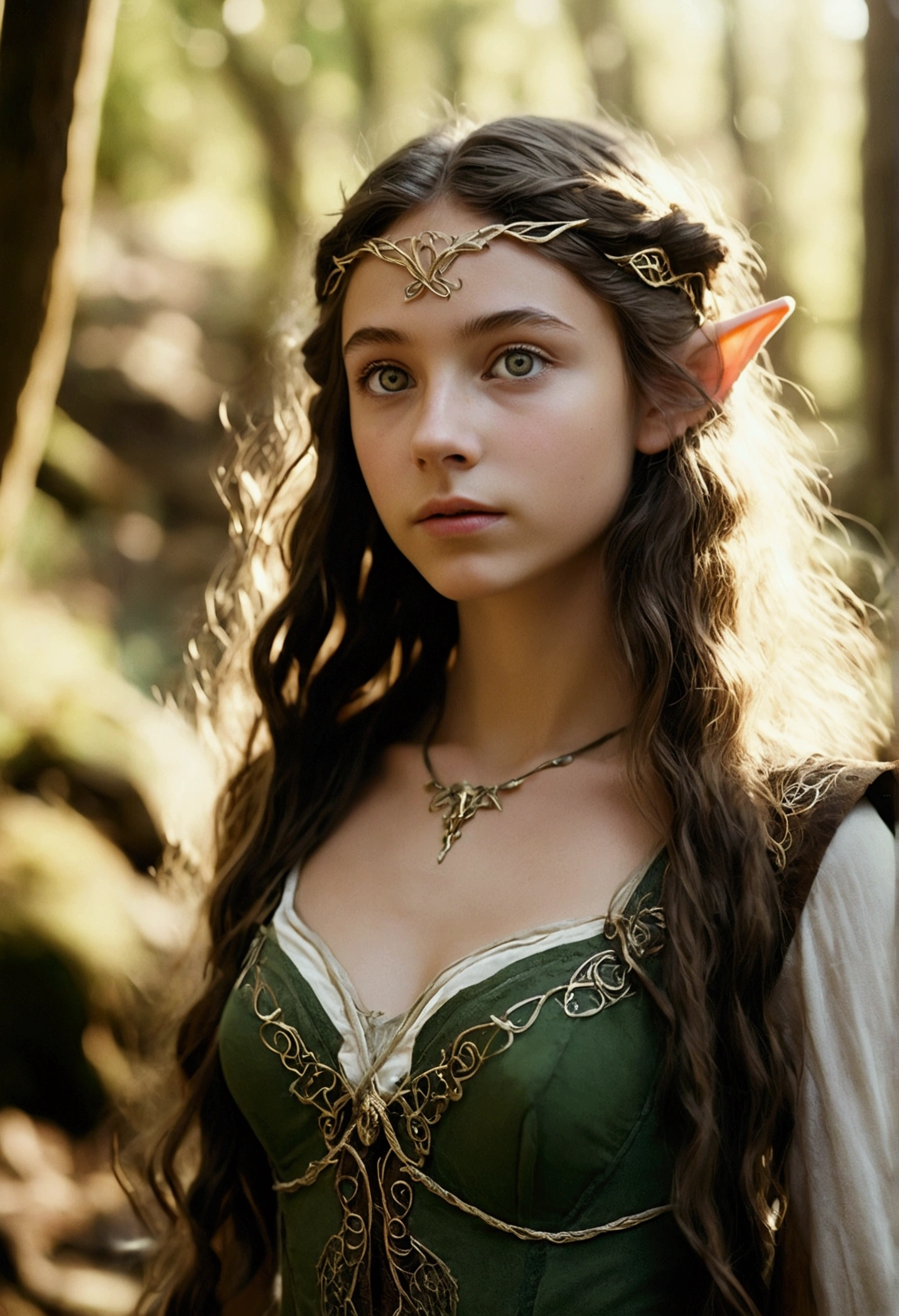 analog film photo, photo of a young elven girl, 18 years old, elf ears, amber eyes, dark brown hair, long messy waves, sun-tanned complexion, olive skintone, slender hourglass figure, narrow waist, full hips, plump buttocks, wearing elven lingerie, resembles Mackenzie Foy, strolling through a fantasy landscape, RAW Photograph, dslr, soft lighting, high quality, film grain, Fujifilm XT3, detailed skin with visible pores, insane details, masterpiece, 8k, 35mm photograph, dslr, kodachrome, faded film, desaturated, grainy, vintage, Lomography, stained, highly detailed, found footage, close-up shot, elven ears
