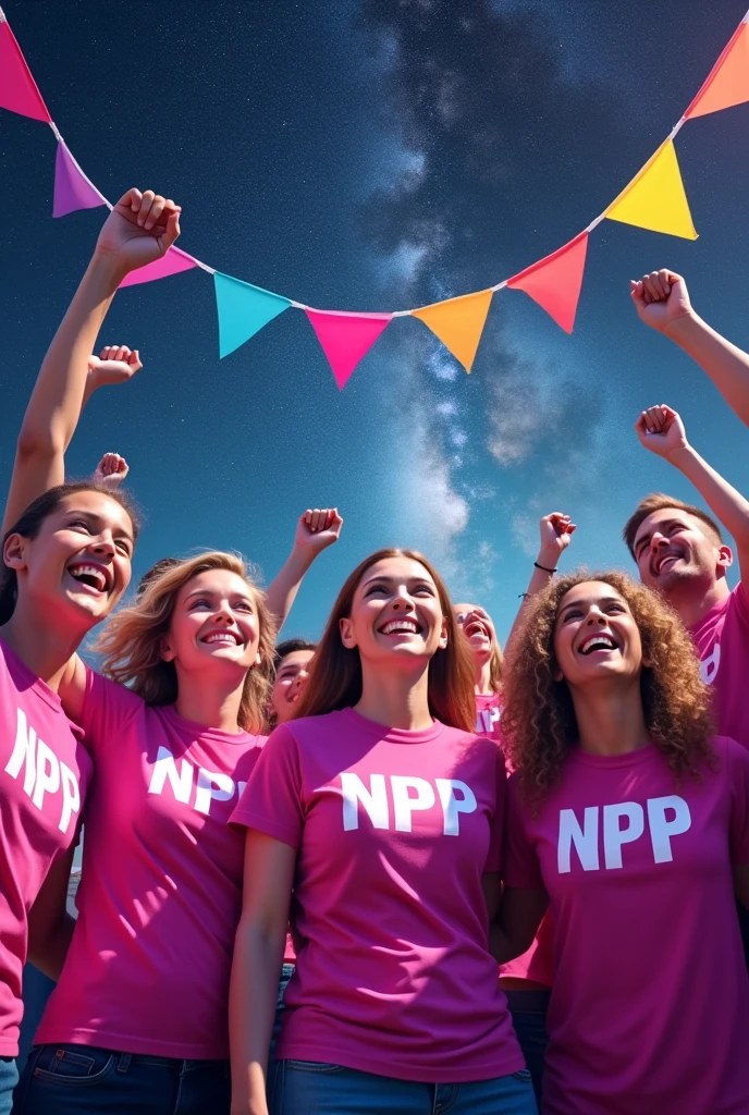 Word "Npp WIN" people with NPP printed pink color t shirt, 5 bunting strips in universe