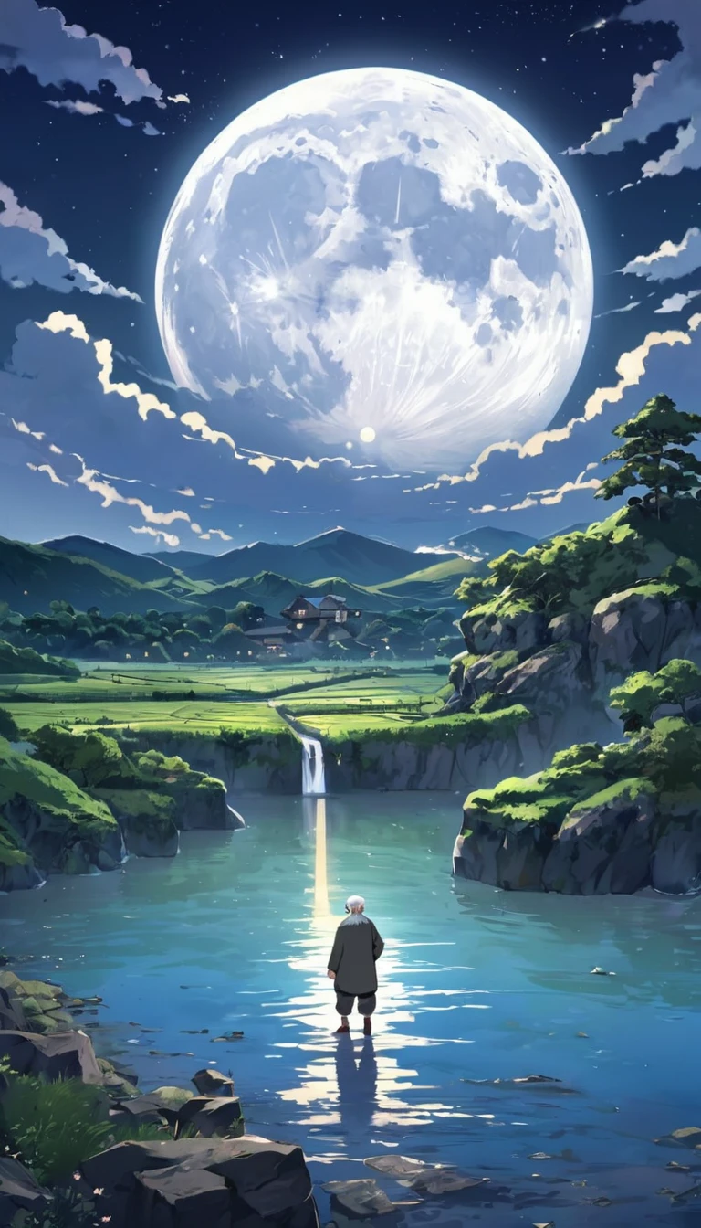 moon, landscape, old man, anime style --ar 3:2 --niji 6